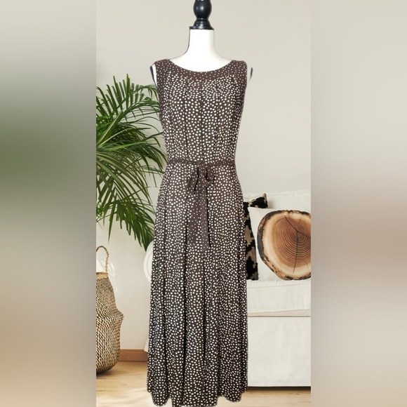 Perceptions New York Large Belted Midi Dress Brown White Polka Dot - Picture 4 of 12